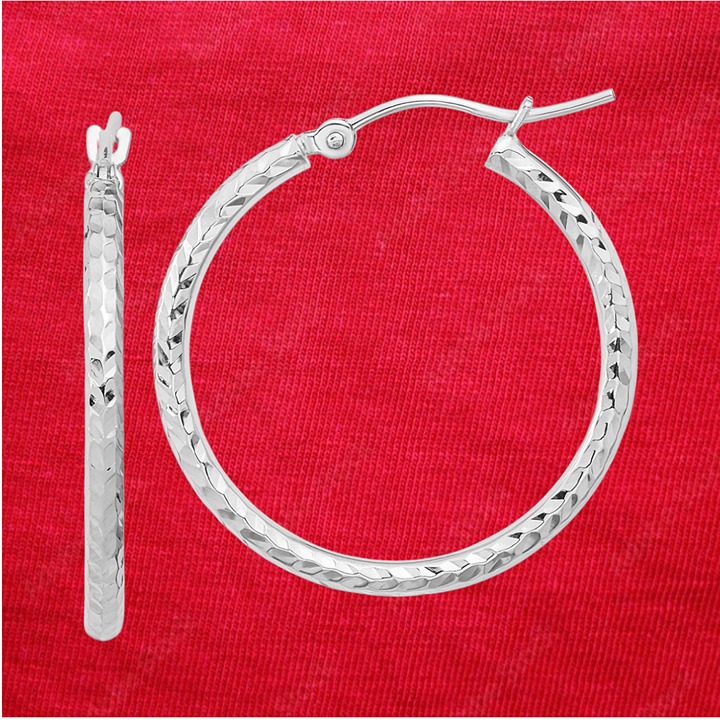 10k White Gold Diamond-cut 2mm Round Tube Hoop Earrings