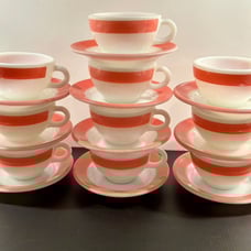 Corning Pink Flamingo Striped Cup & Saucer Set Made by Pyrex~Set Of 10