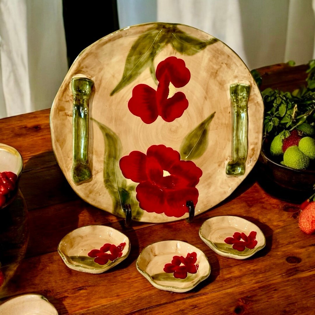 Vintage, “Oasis Collection” Large Ceramic Tray & 3-condiments bowls