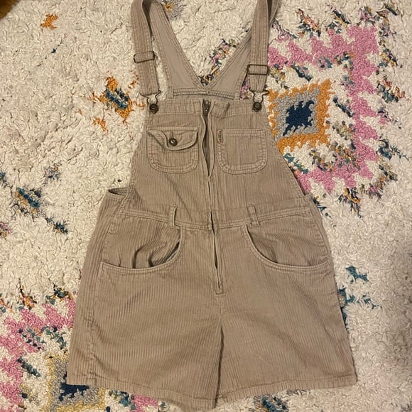 Vintage Express Women's Small Tan Corduroy Overall Shorts Jumper 80s 90s