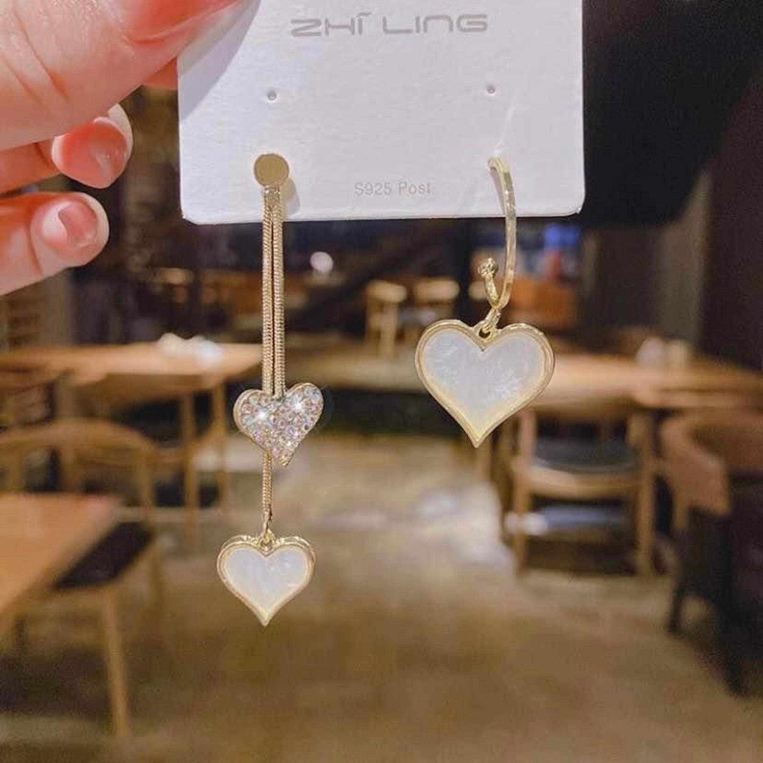 925 Silver Post Asymmetry Love Heart Dangle Drop Earrings for Women