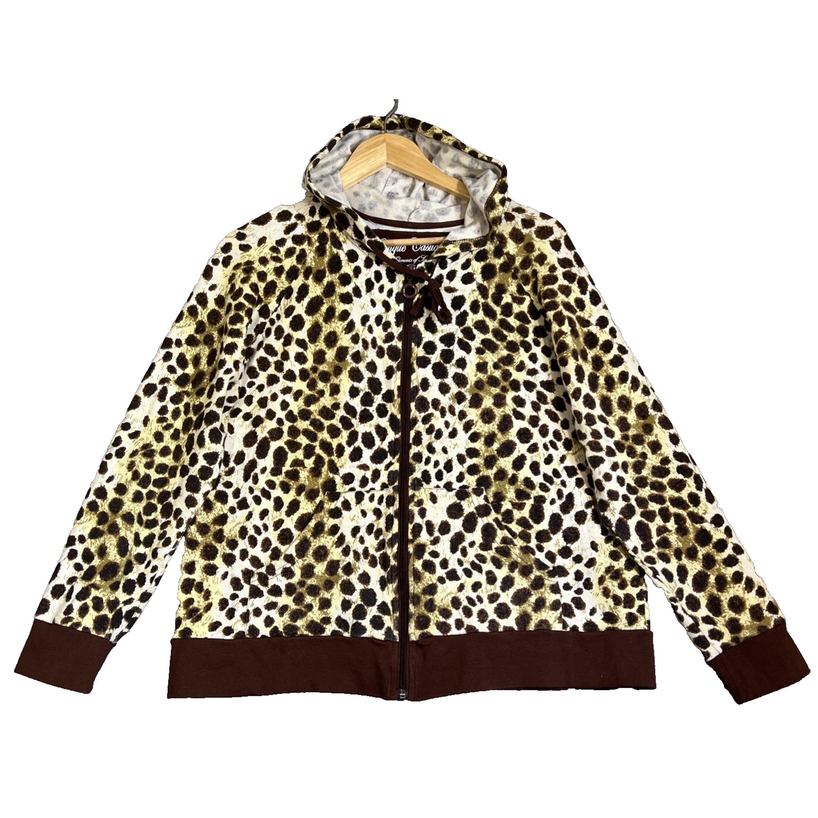 Onque Casuals Hoodie Women XL Leopard Print Full Zip Pocket Stretch Cotton Terry