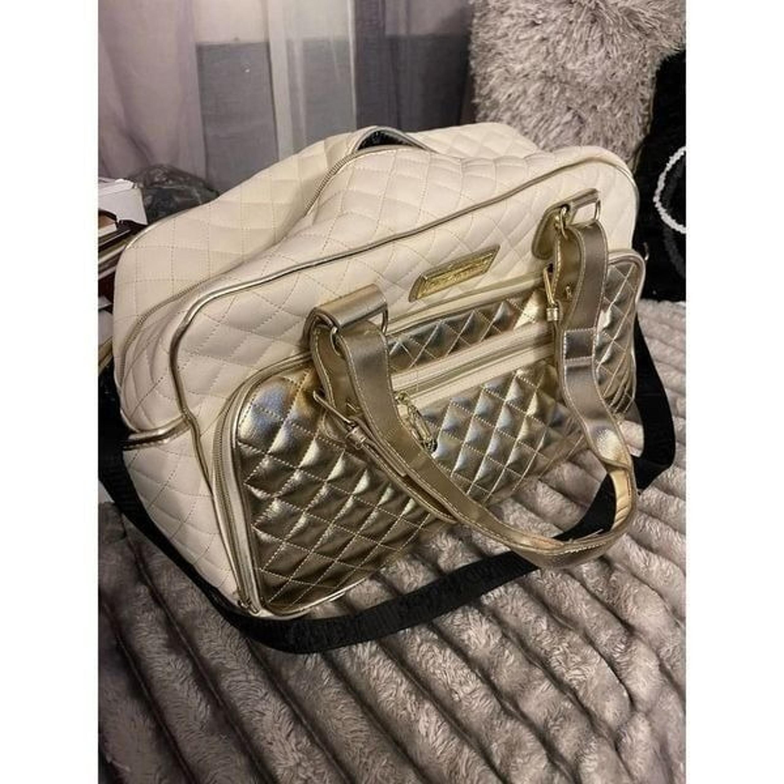 Betsey johnson vintage gold white leather weekender duffle bag travel