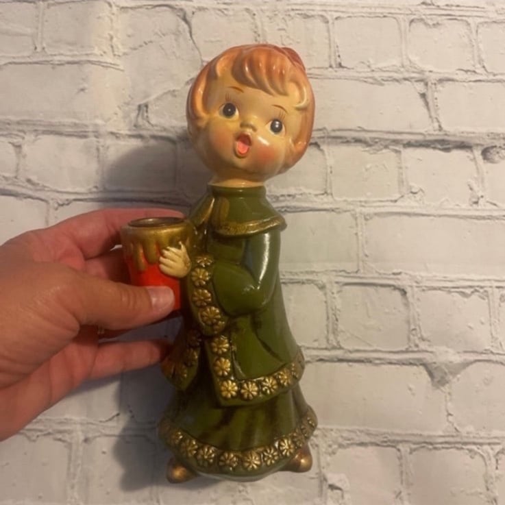 Star Paper Mache Candle Holder Choir Girl Green Robe Vintage Rare Kitch Japan