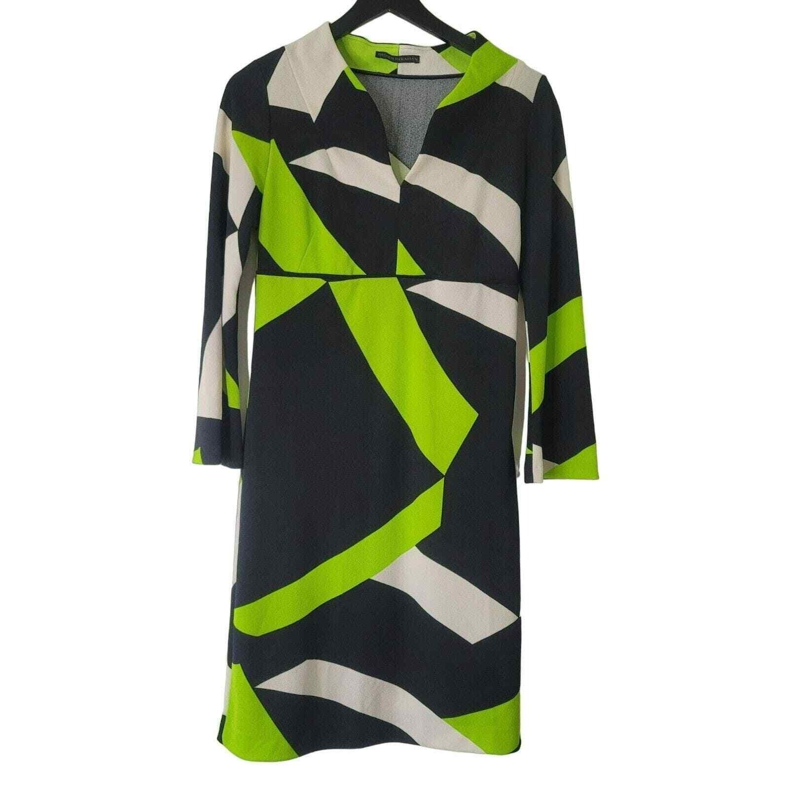 Didier Parakian Dress 6 Green Black Bell Sleeve Split Neck A-Line Geometric