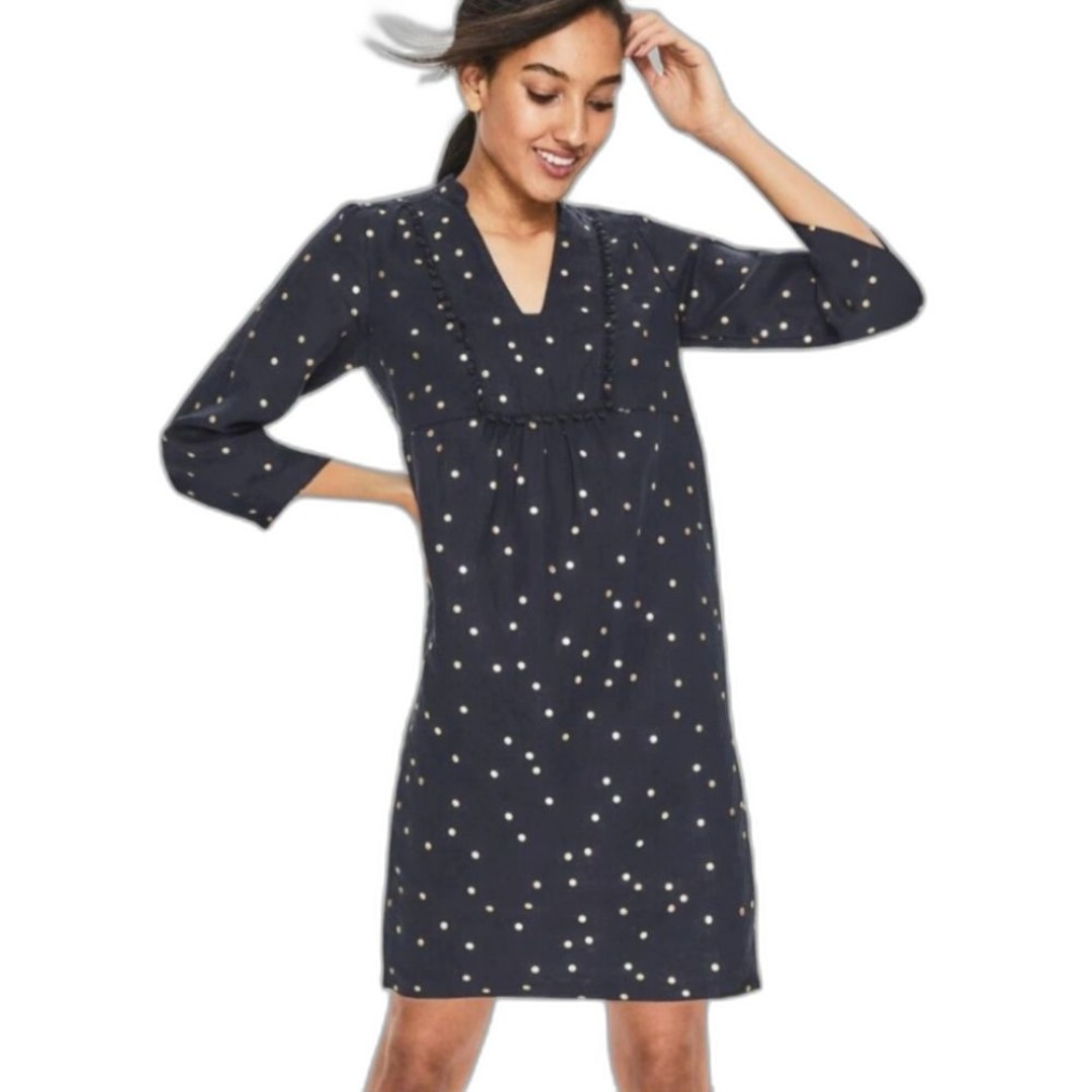 Boden Evangeline Navy Blue Gold Metallic Polka Dots Notch Neck Linen Tunic Dress