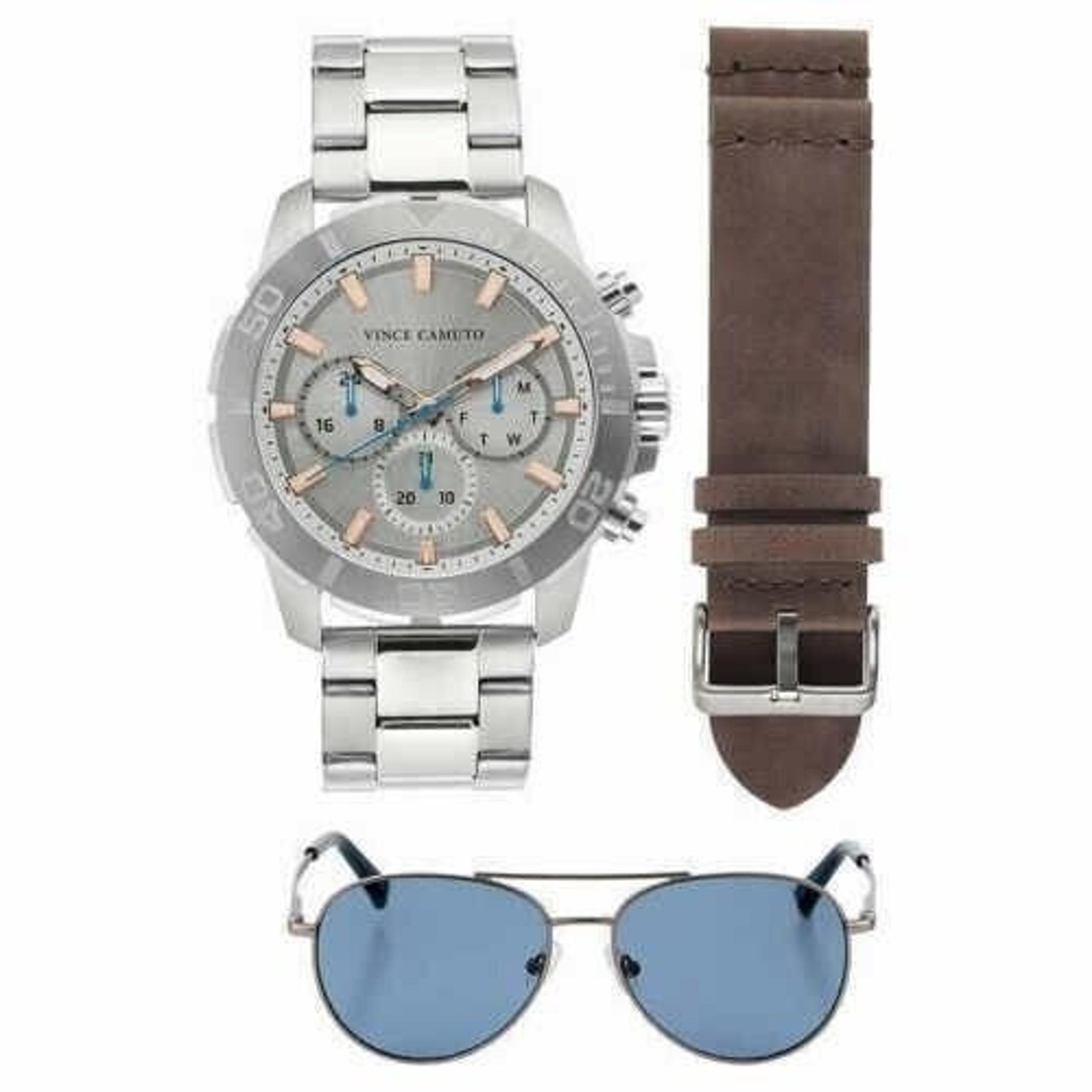 $190 MSRP~ Vince Camuto VC/1147GYSVST Chronograph SS Wristwatch & Sunglasses Set