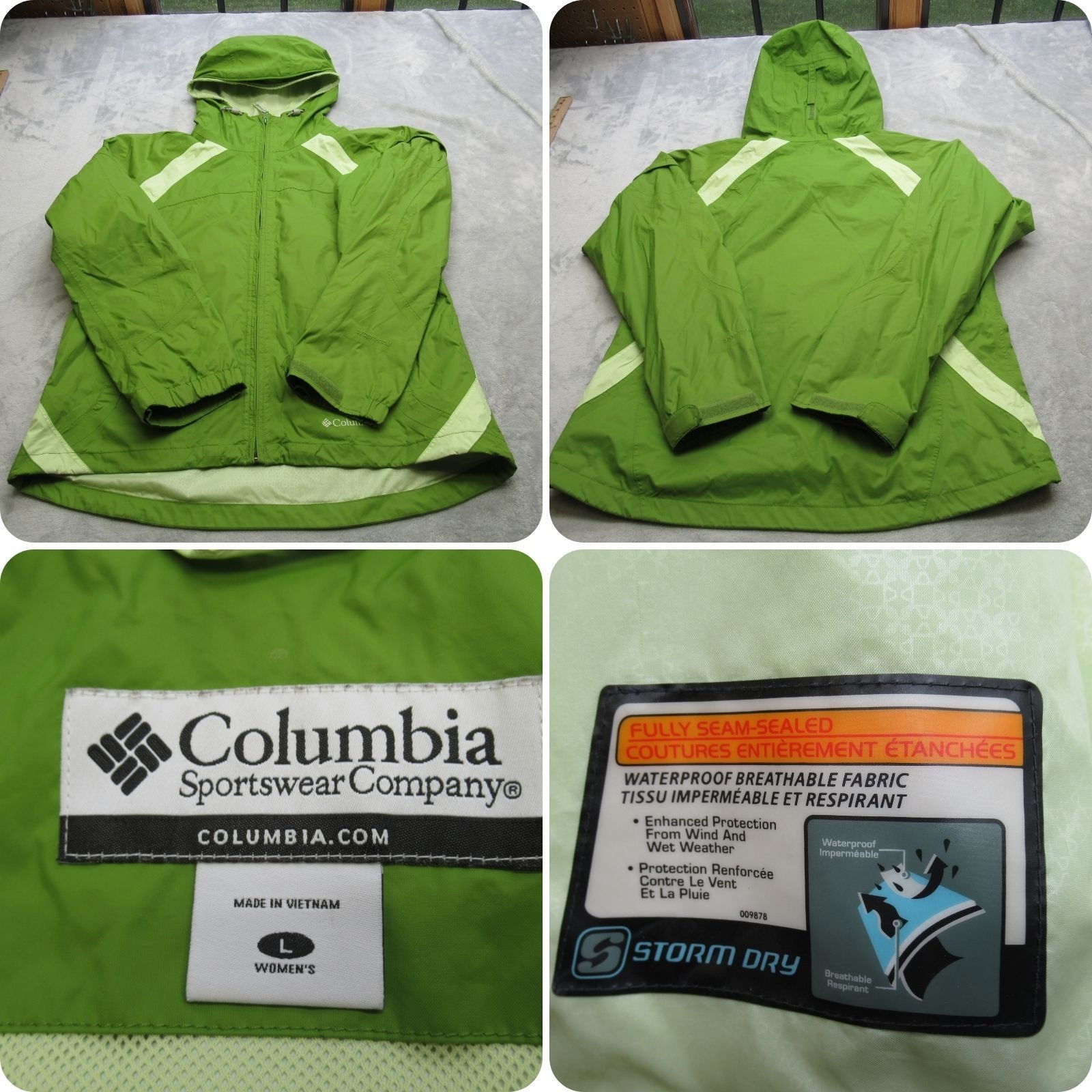 Columbia Jacket Womens Large Green Waterproof Hooded Lightweight Packable Rain