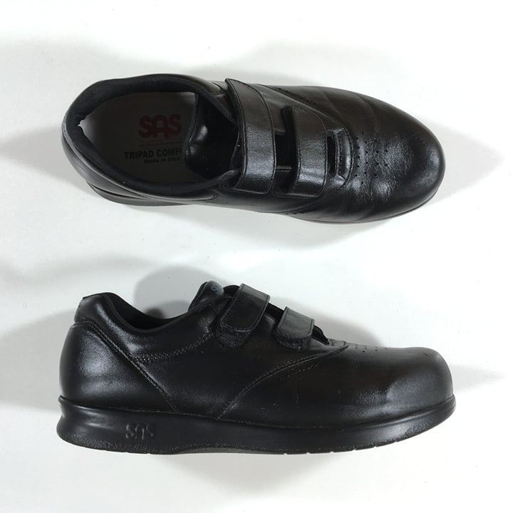 SAS Me Too Walking Shoes Womens Size 9.5 WW Wide Black Leather Hook Loop