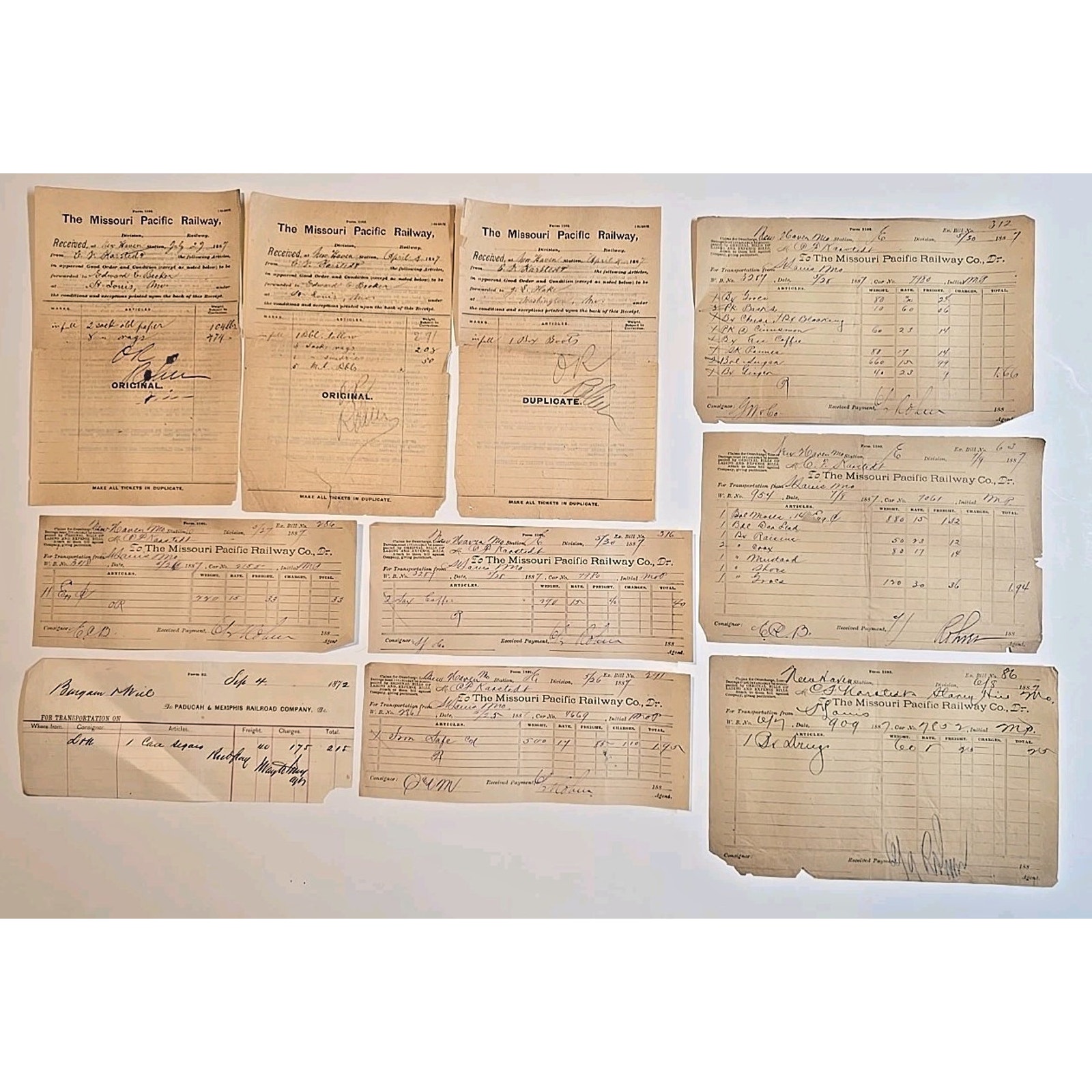 1887 Missouri Pacific Railway Lot of 9 Paper Receipts 1872 Paducah Memphis S1