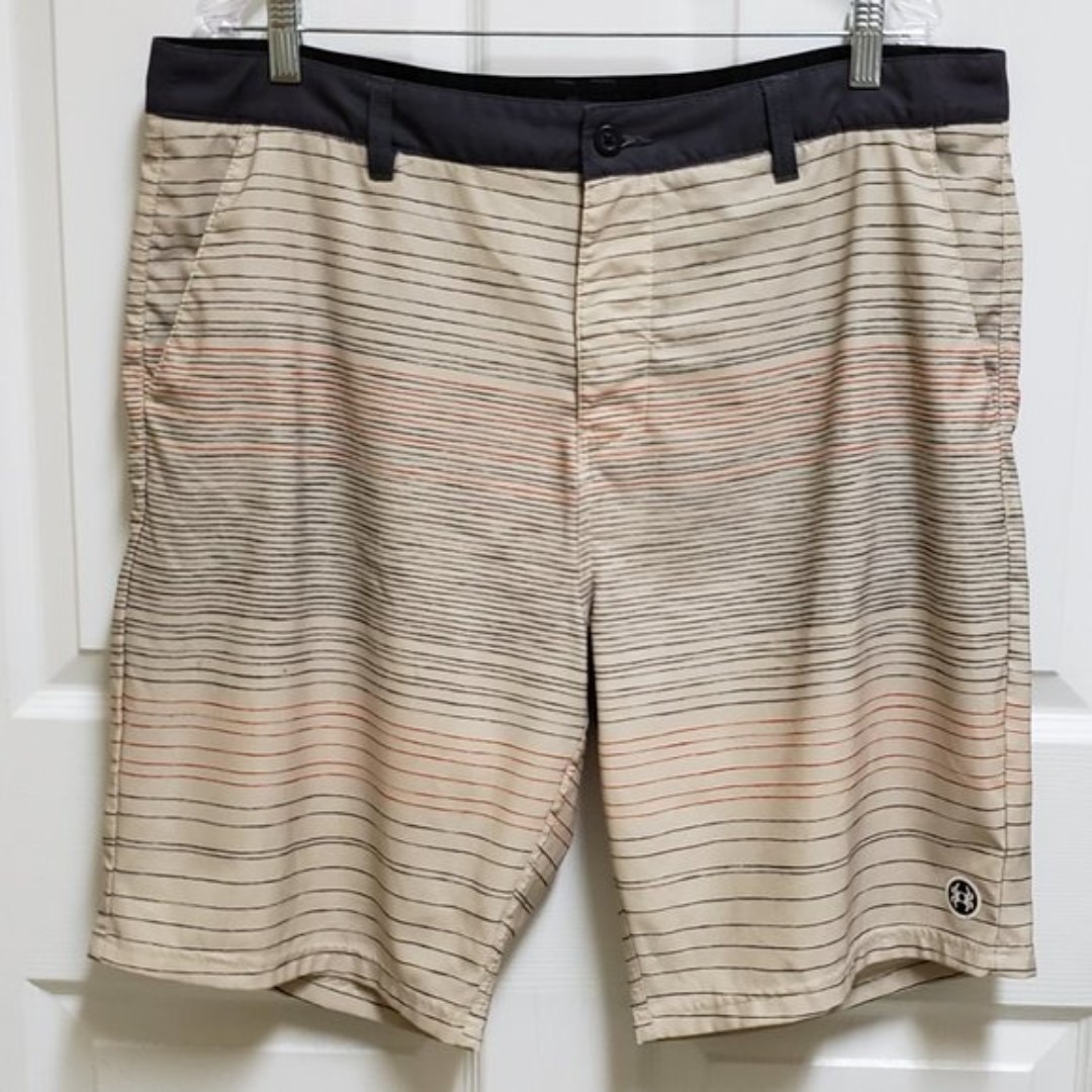 SPDR Mens XL Tan Gray Striped Flat Front Golf Shorts Pockets Casual