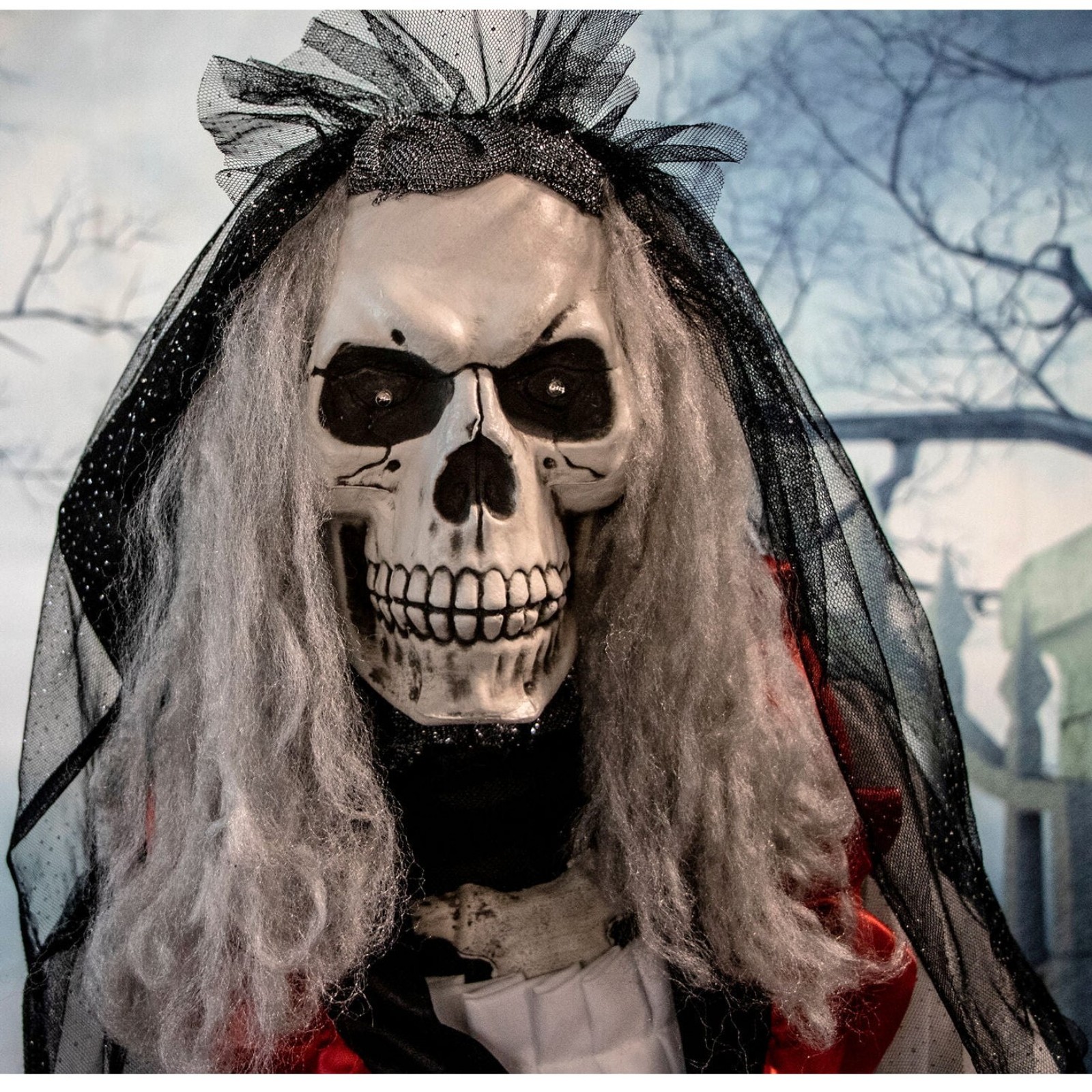 65-In. Animated Moaning Skeleton Bride Prop Flashing Red Eyes