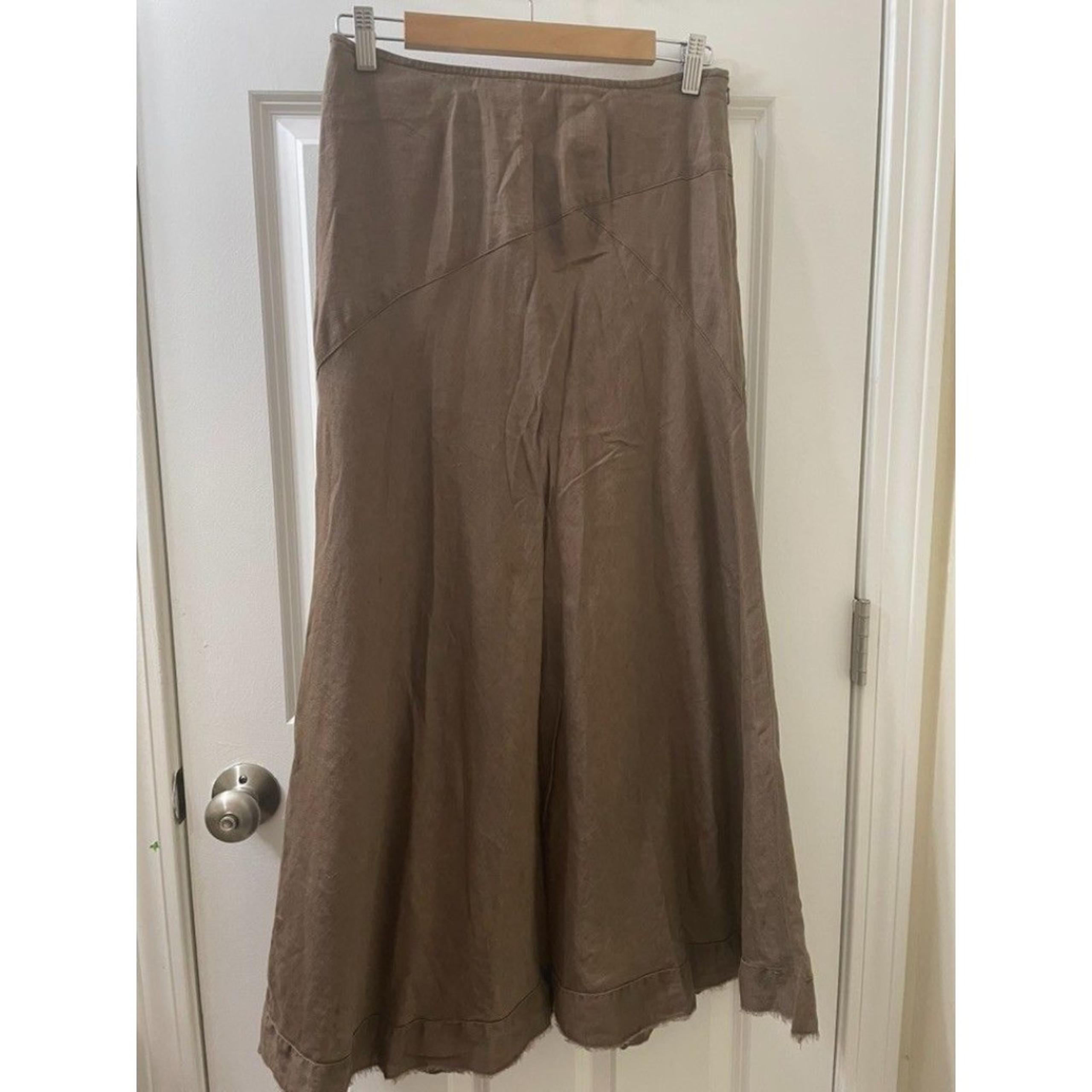 Eddie Bauer Skirt Womens 2 Linen Maxi Brown Side Zip Raw Fray Coastal