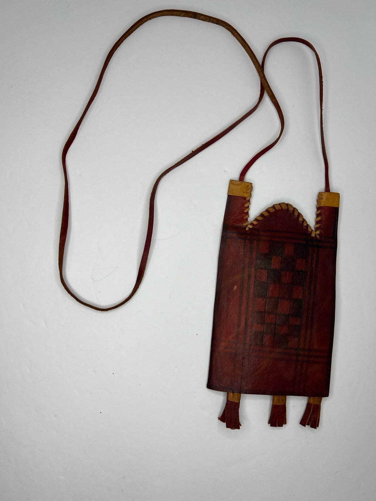 Tuareg Leather Bag Red Brown with Red Tassels Handmade Pouch Bag Lanyard