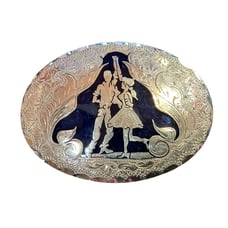 Vtg Square Dancing Belt Buckle Nickel Silver Blue Enamel 3.25 x2.25 Rockabilly
