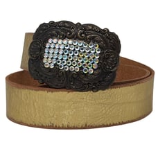 Fossil Gold Metallic Leather Belt with Scrolled Rhinestone Bling Buckle, Small