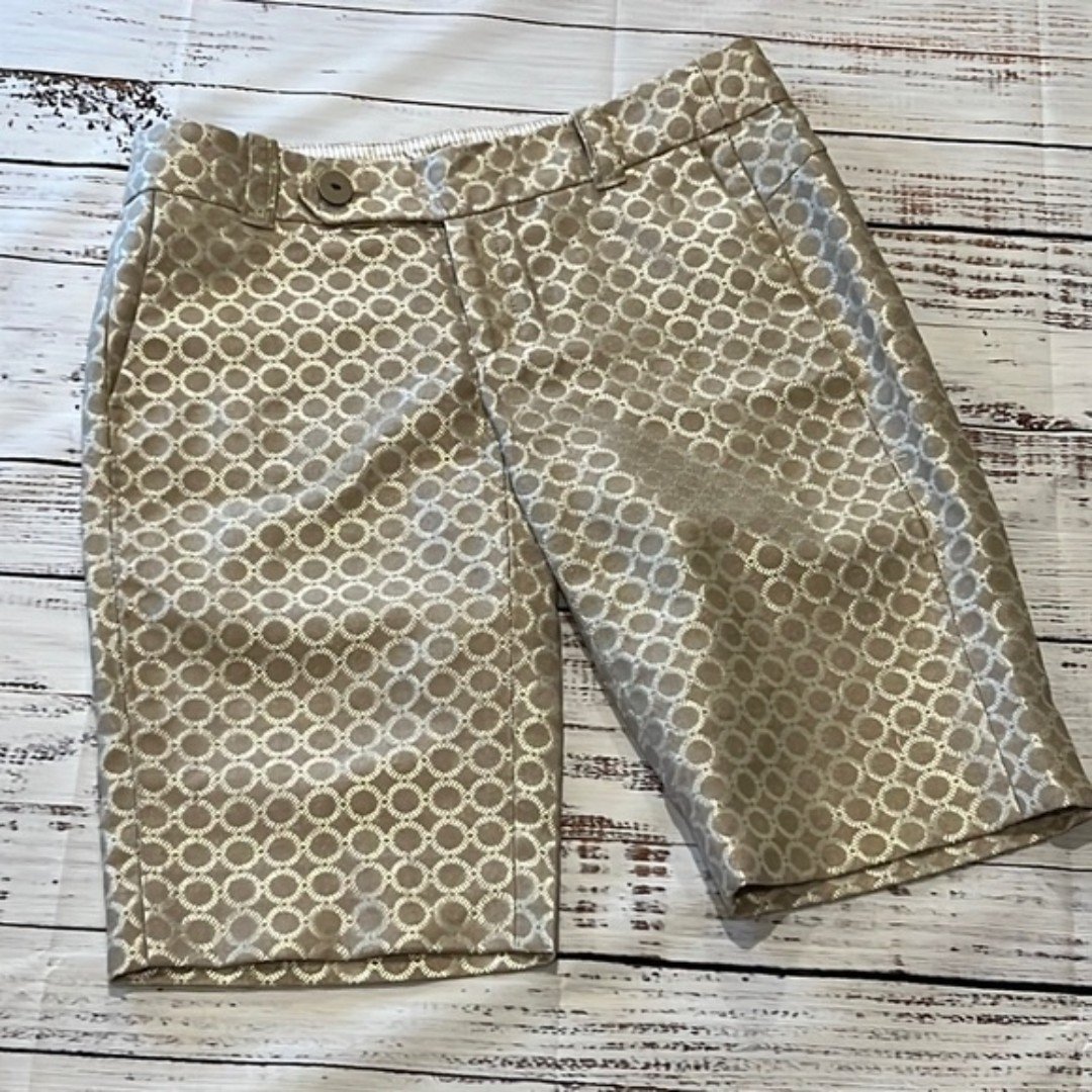 Anthropologie Cartonnier Circle Print Metallic Bermuda Shorts Beige Size 0