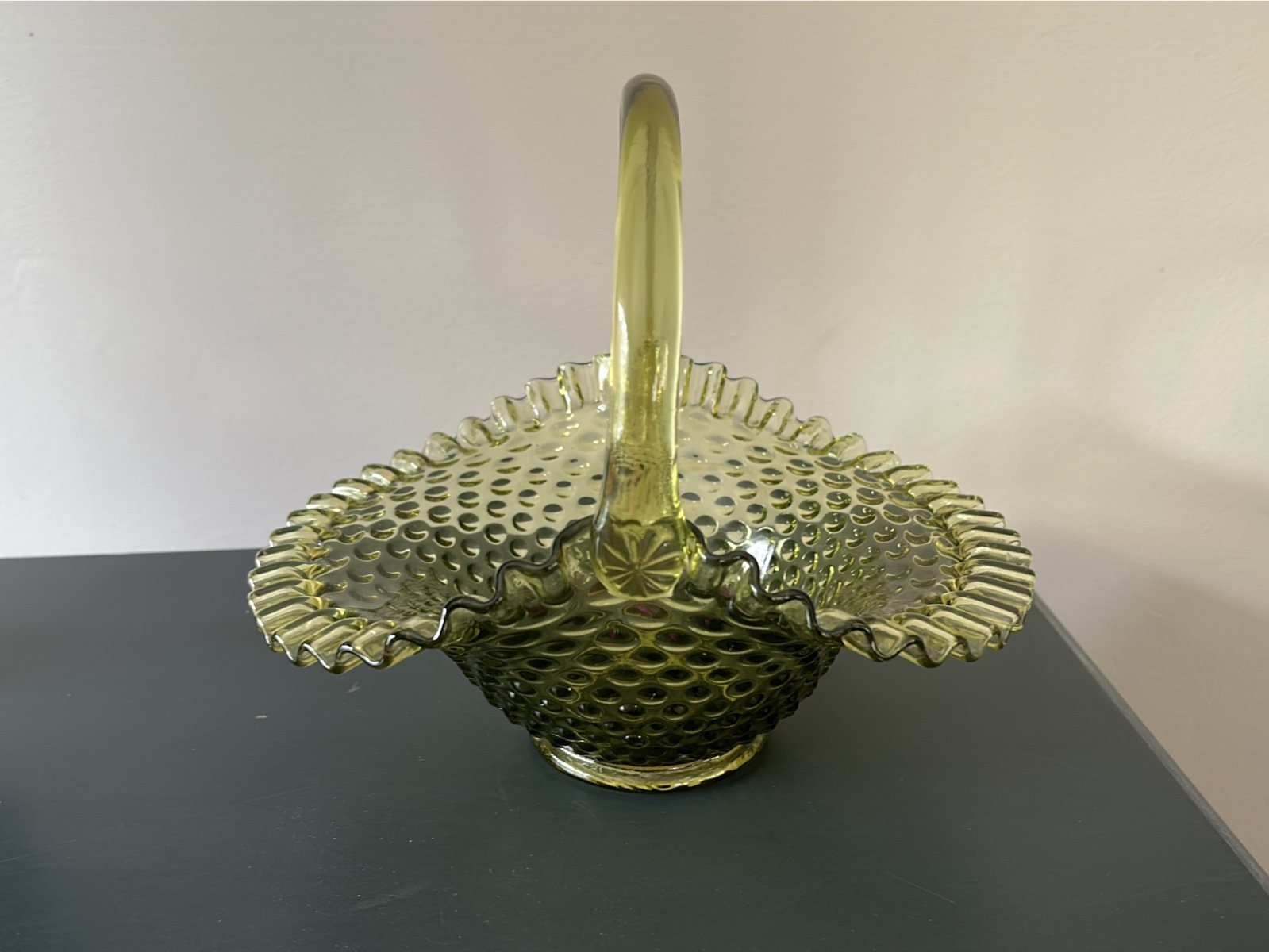 Fenton Green Hobnail Basket 10” wide