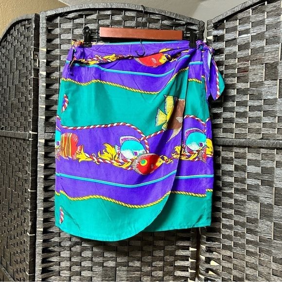 Silk Club vintage Silk wrap skirt size small Fish Nautical purple