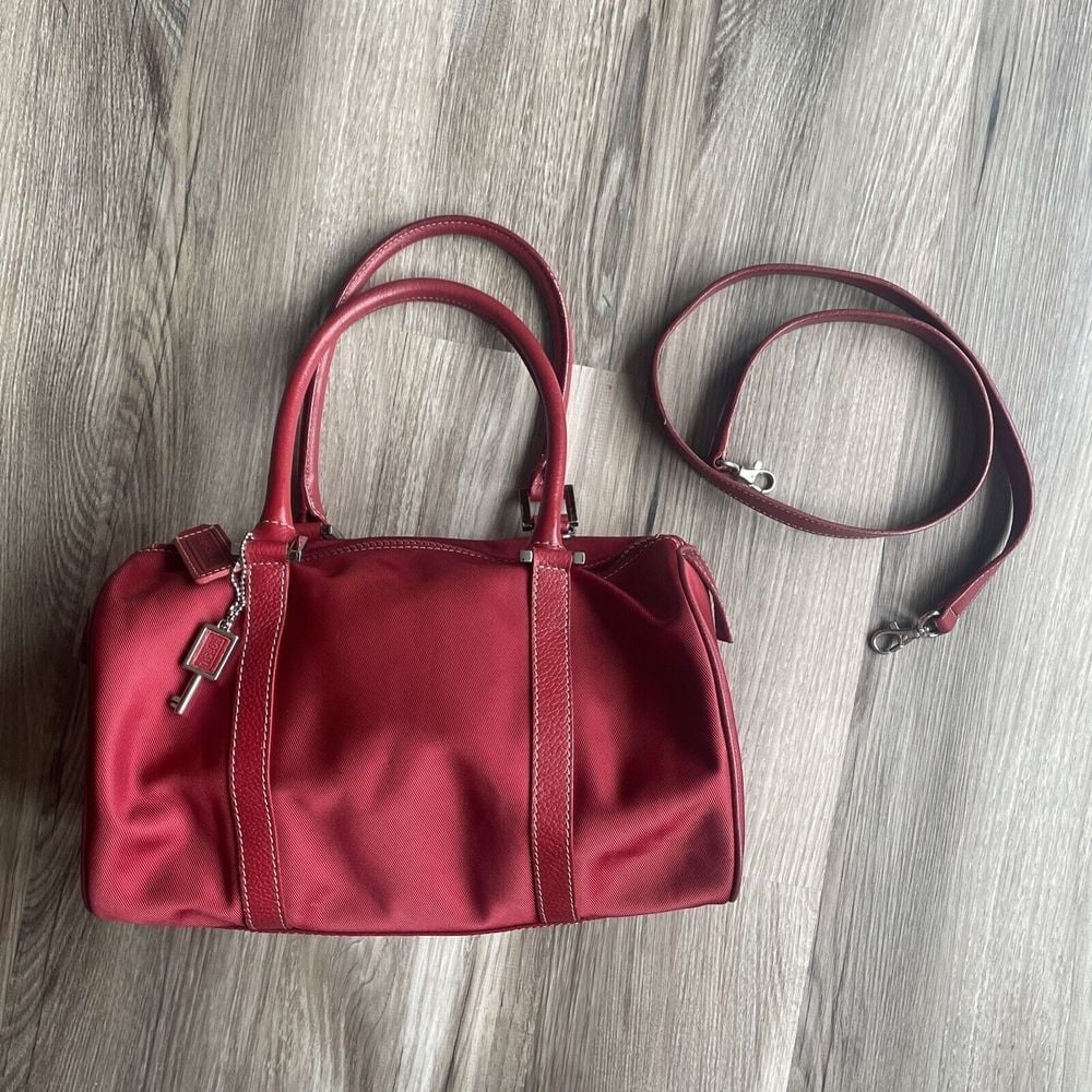 Fossil Red Nylon Leather Trim Shoulder Bag Handbag Hobo Purse Y2K with Key Charm