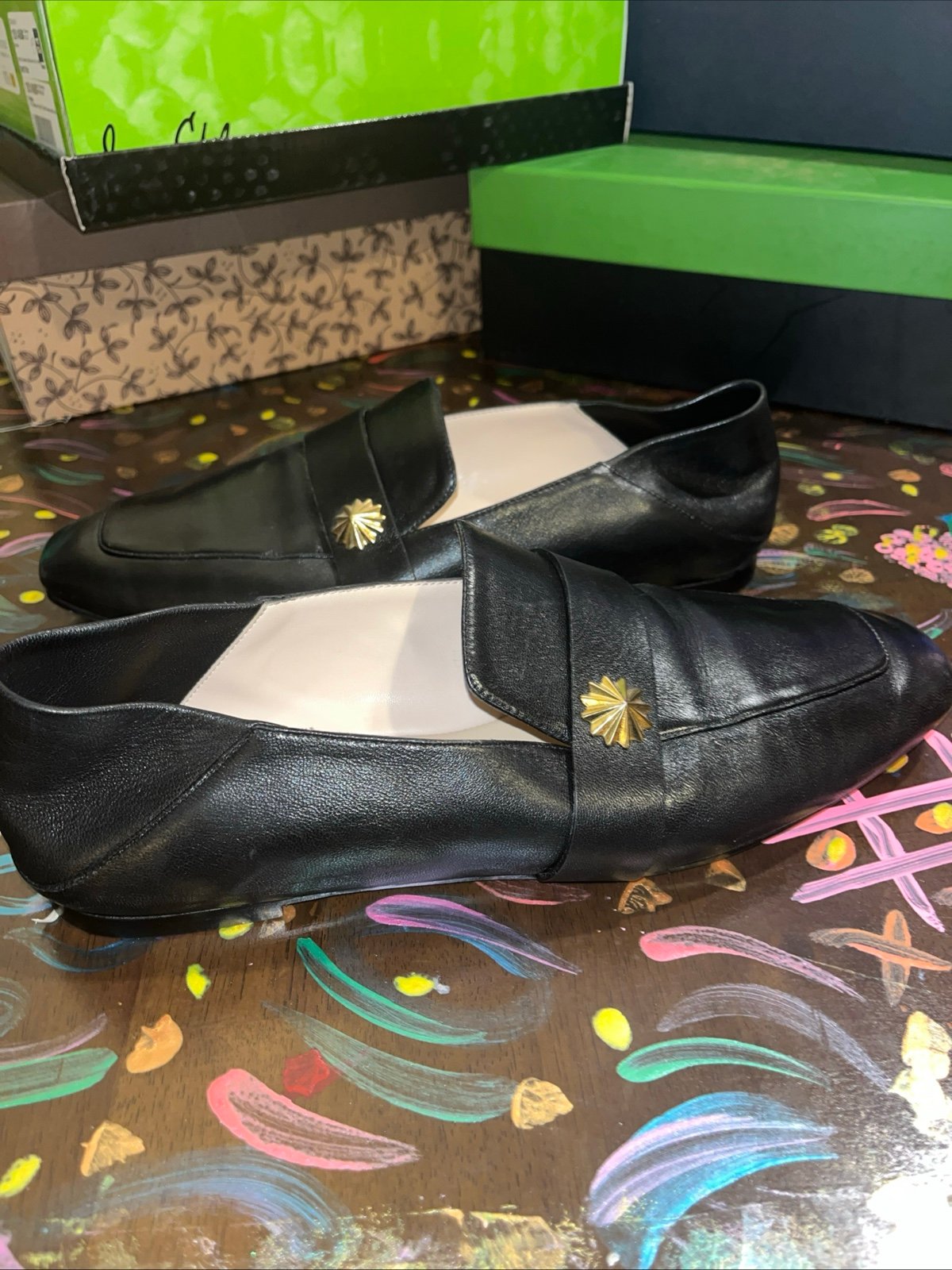 Stuart Weitzman Wylie Star Black Leather Embellished Collapsible Heel Loafers 11