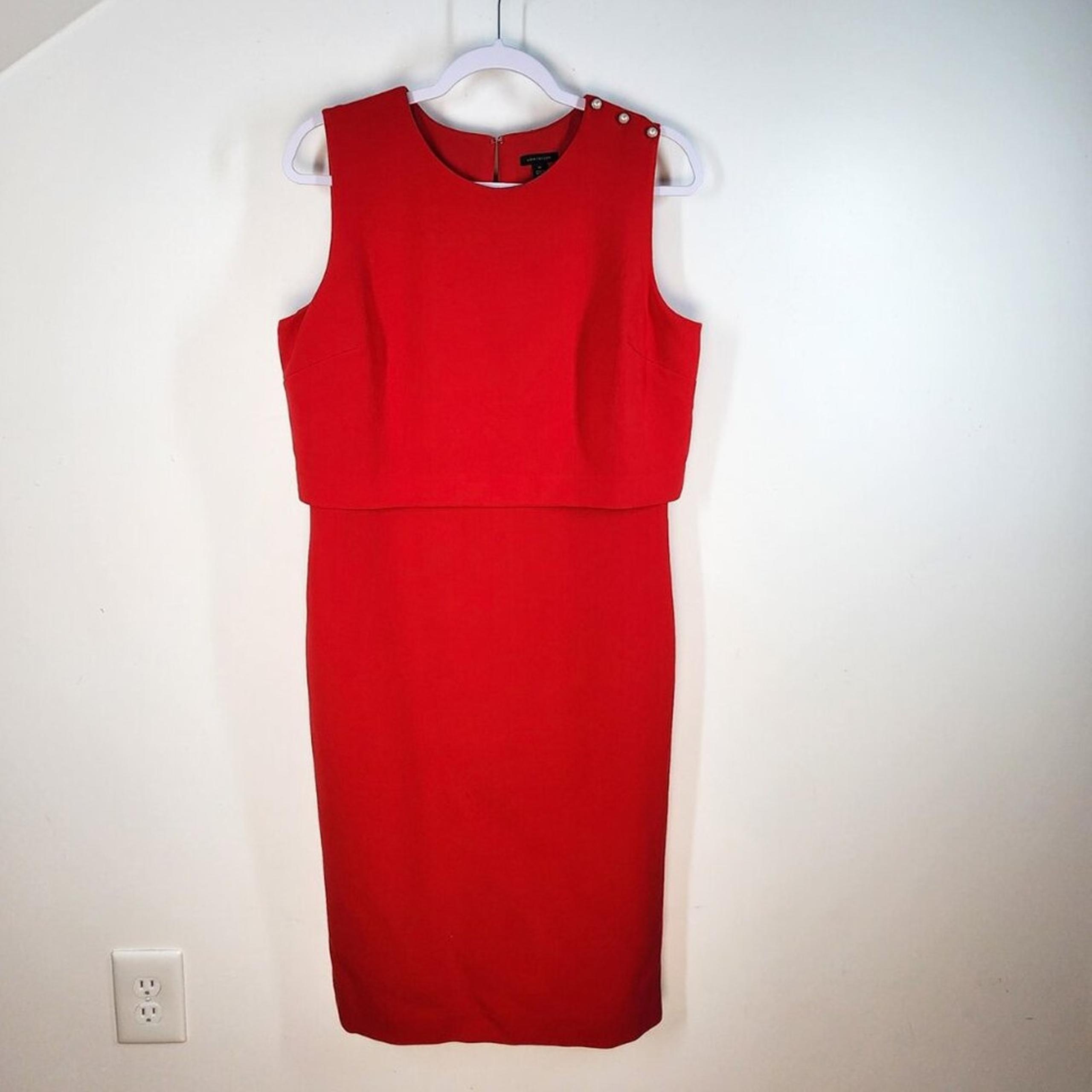 Ann Taylor Red Sheath Dress Size 10 Tall Knee Length Pearl Embellishment Classic