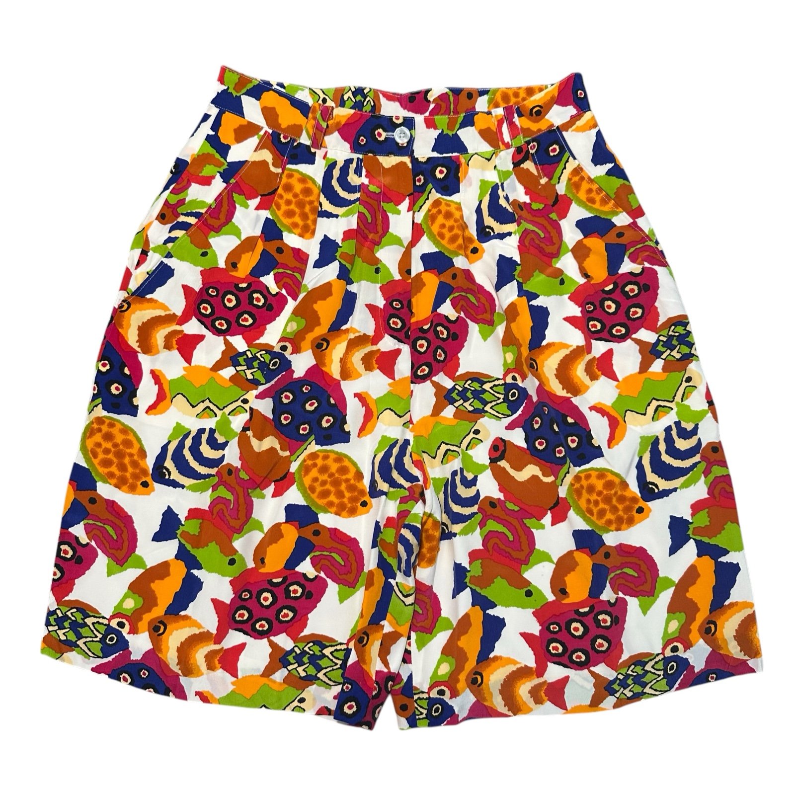 Vintage Billy Kidd 100% Silk Colorful Tropical Fish Print High Waisted Shorts