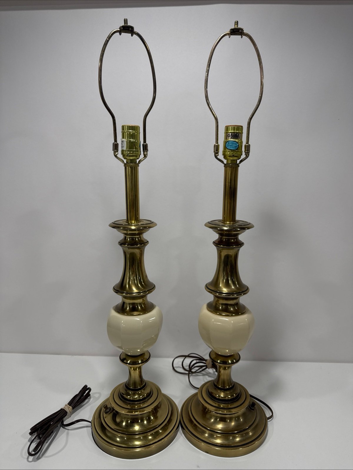 Set Of Two Vintage Heavy Stiffel Brass And Ivory 23 Inch Lamps