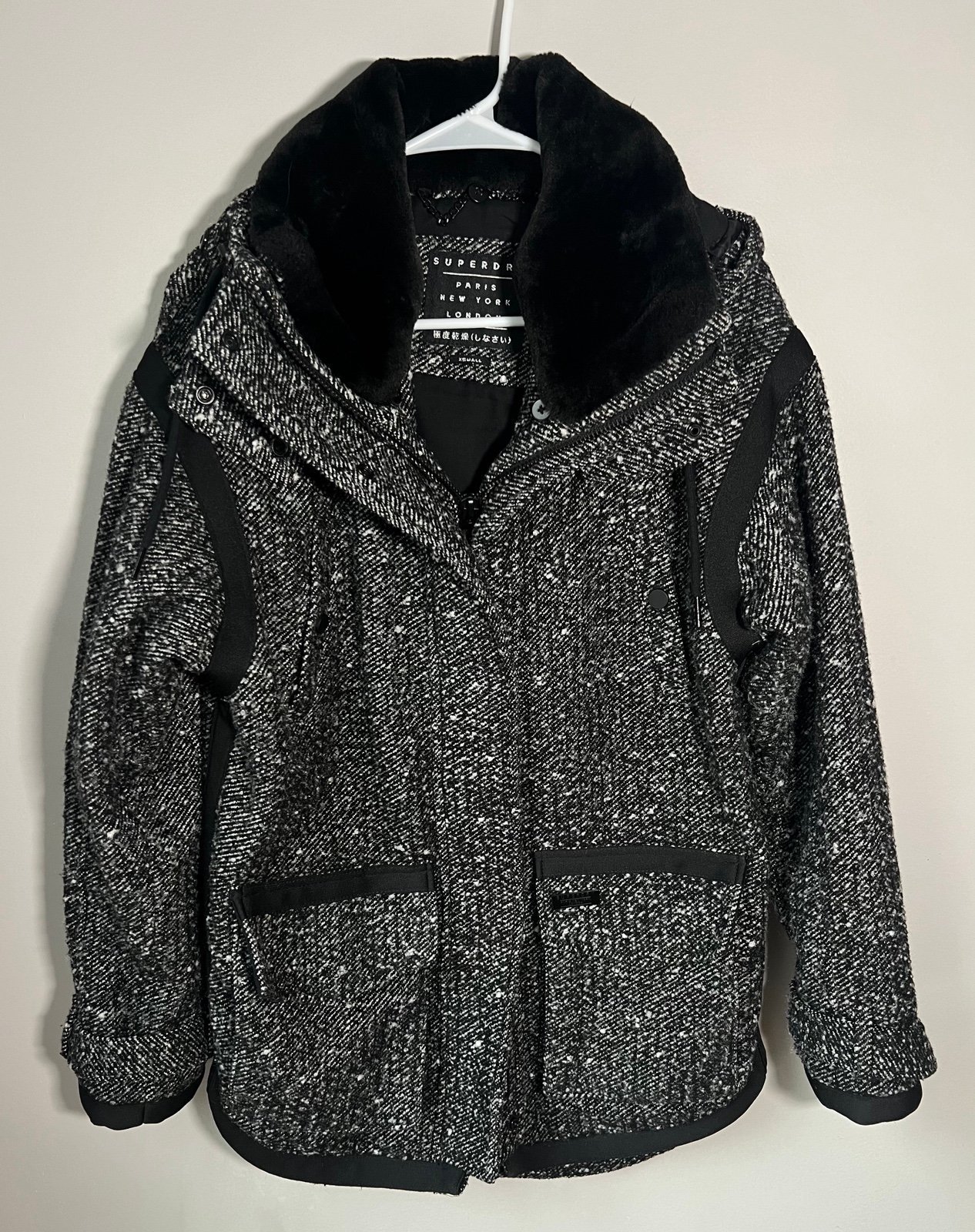 SUPERDRY Women’s Wool Blend Faux Fur Fleece Winter Parka Jacket Zip Coat XS