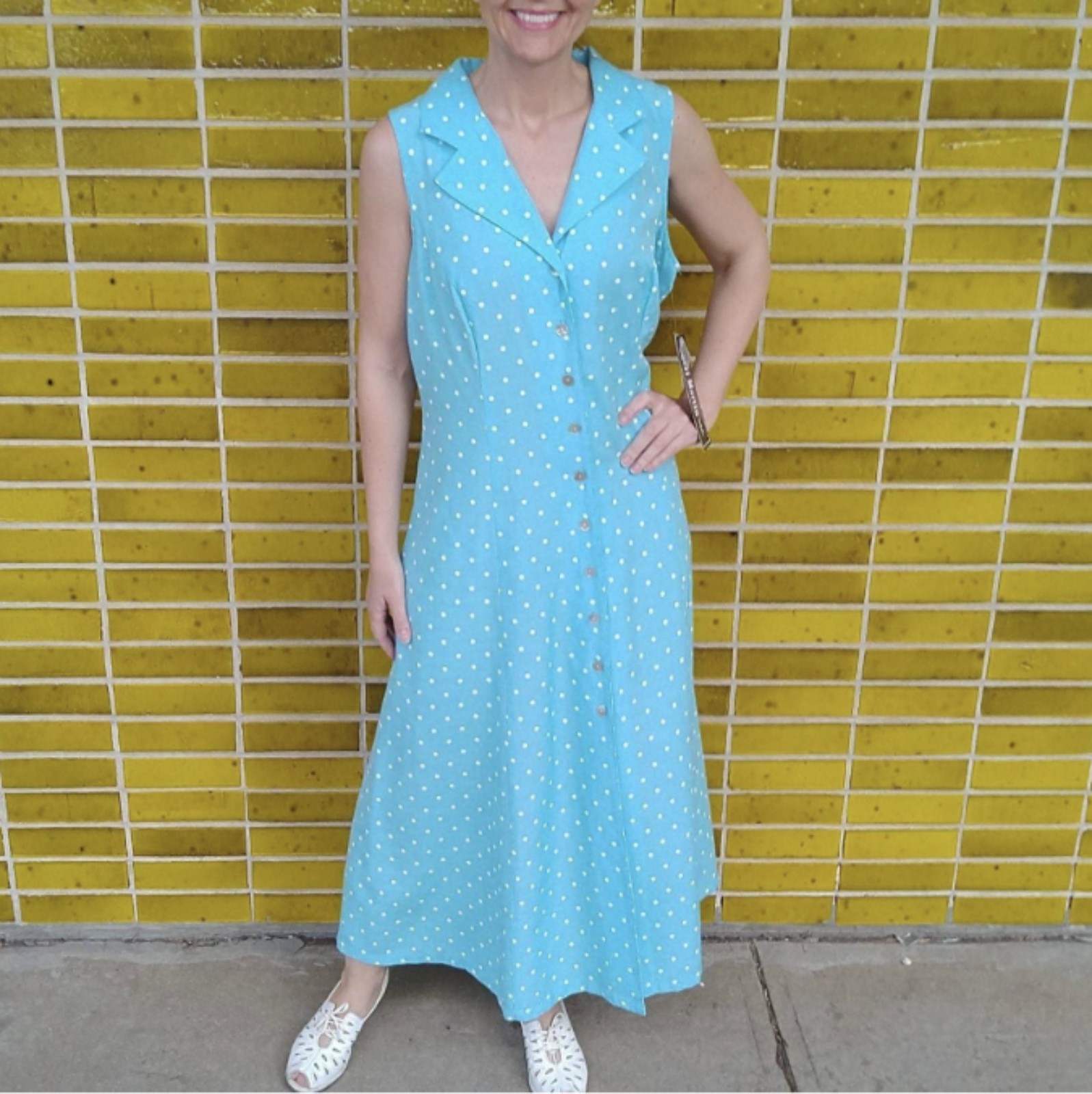 deadstock 1990s POLKA DOT DRESS long aqua L