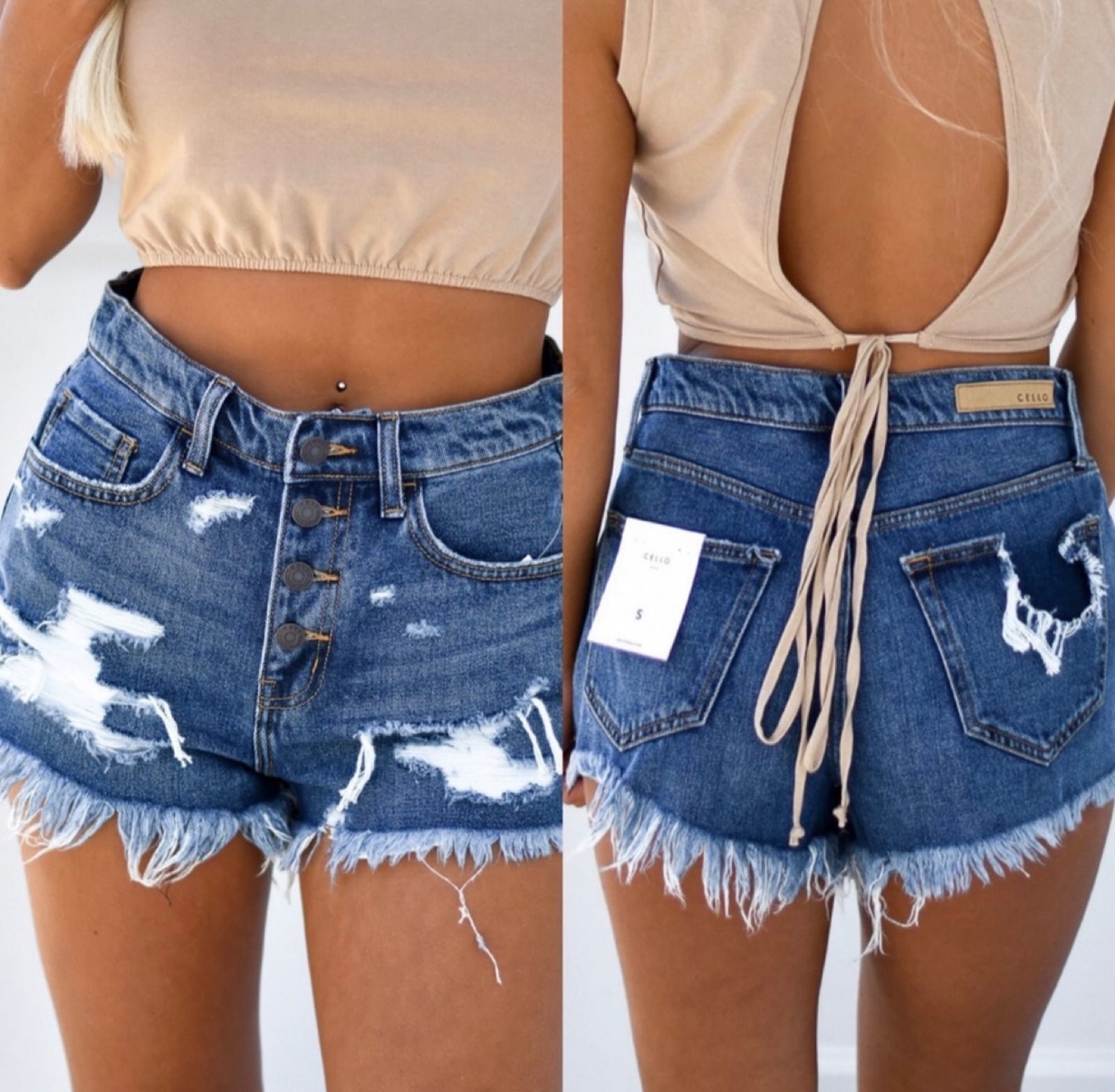 Cello Dark Wash Distressed High Waist Denim Shorts