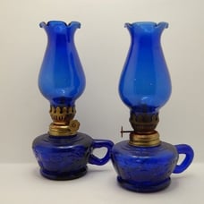 Cobalt Blue Hong Kong Oil Lamp Pair