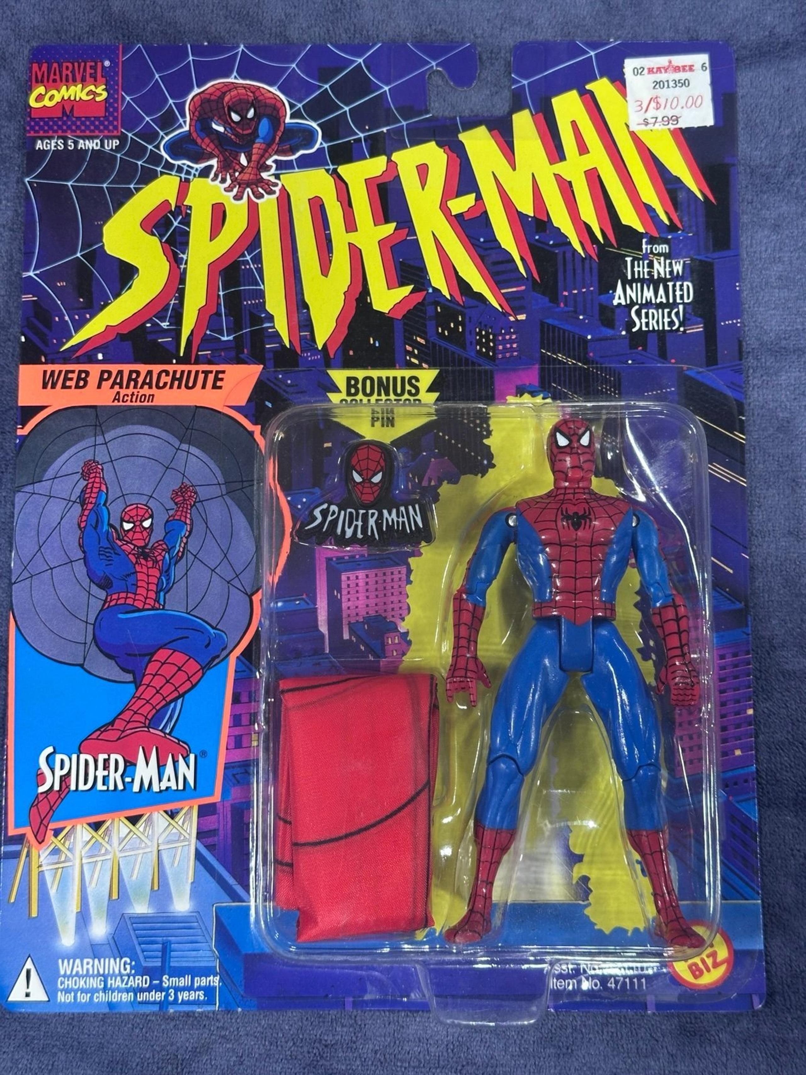 ToyBiz 1990s The Animated Series : Spider-Man action figure; w/WEB PARACHUTE