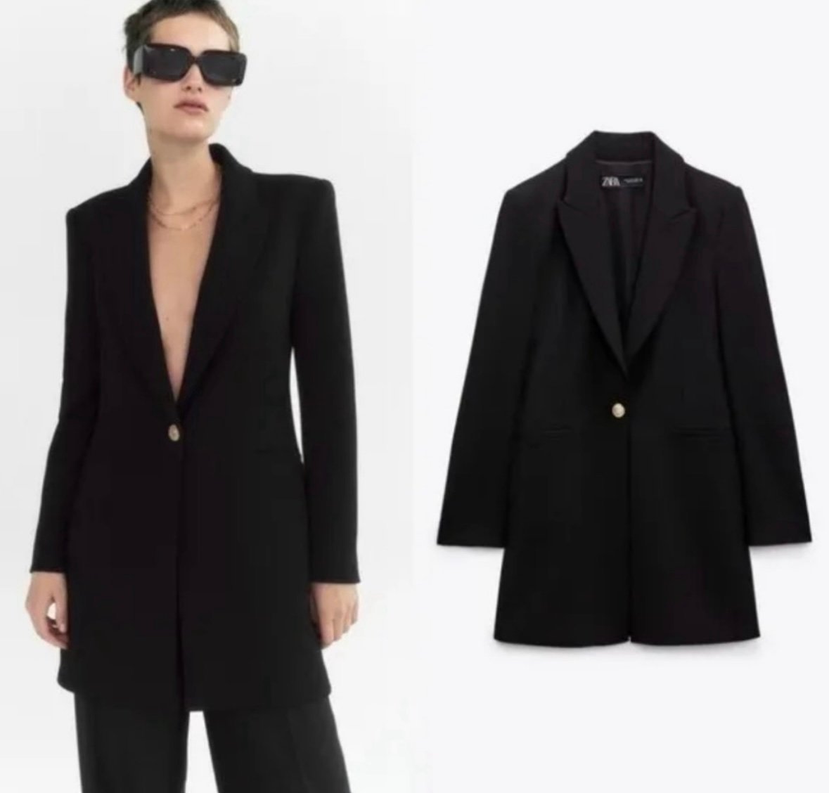 NWT Zara Long Fitted Blazer Lapel Collar, Shoulder Pads Sz M