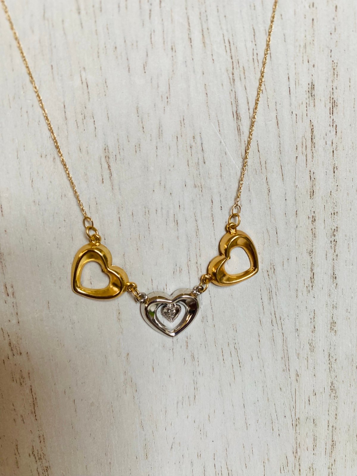 Triple heart necklace, 10 karat gold necklace