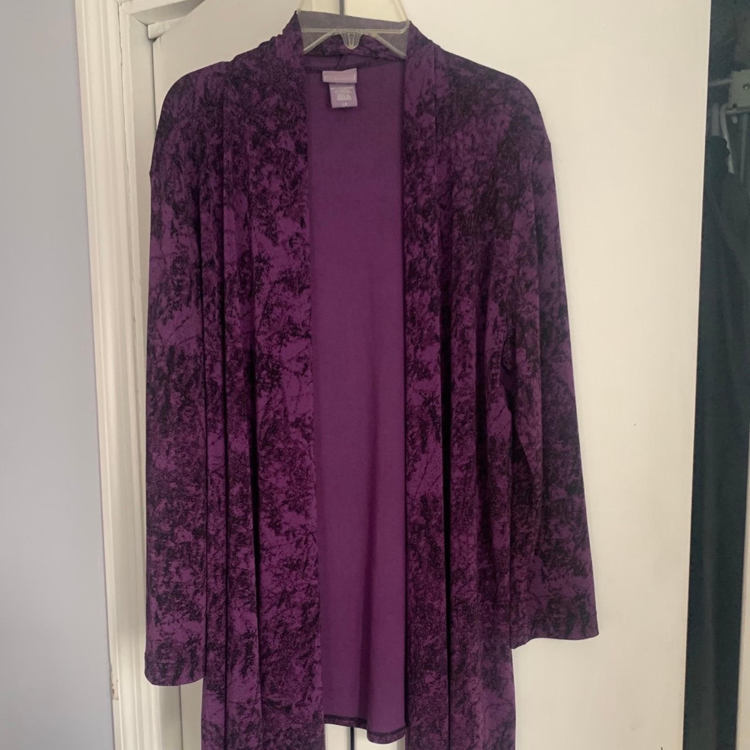 Laura Scott Purple/Black Open Front Jacket Liquid Knit L Grannycore Whimsigoth