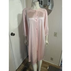Vintage Vanity Fair Medium Silky Robe Pink Rose Embroidered Button Front Pockets
