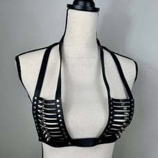 Gothic Leather Cupless Adjustable Body Chest Harness Bra