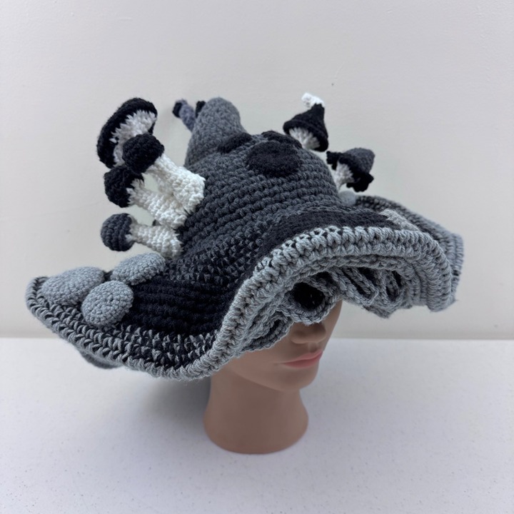 Twisted Toadstool Crochet Black & Gray Adult Size Witch Hat Halloween Handmade