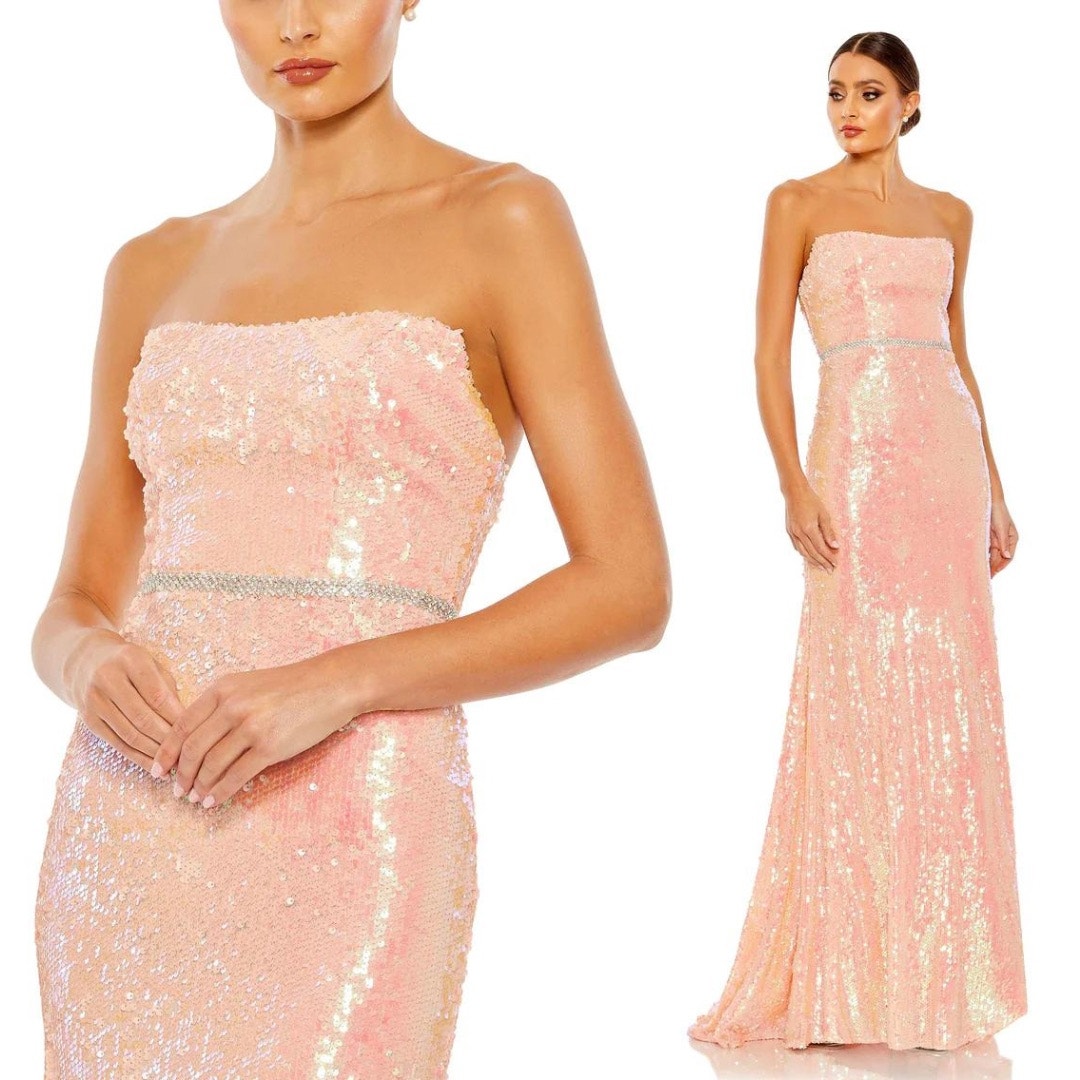 Mac Duggal 26980 Sequined Strapless Rhinestone Belt Gown Coral 2 398 NEW