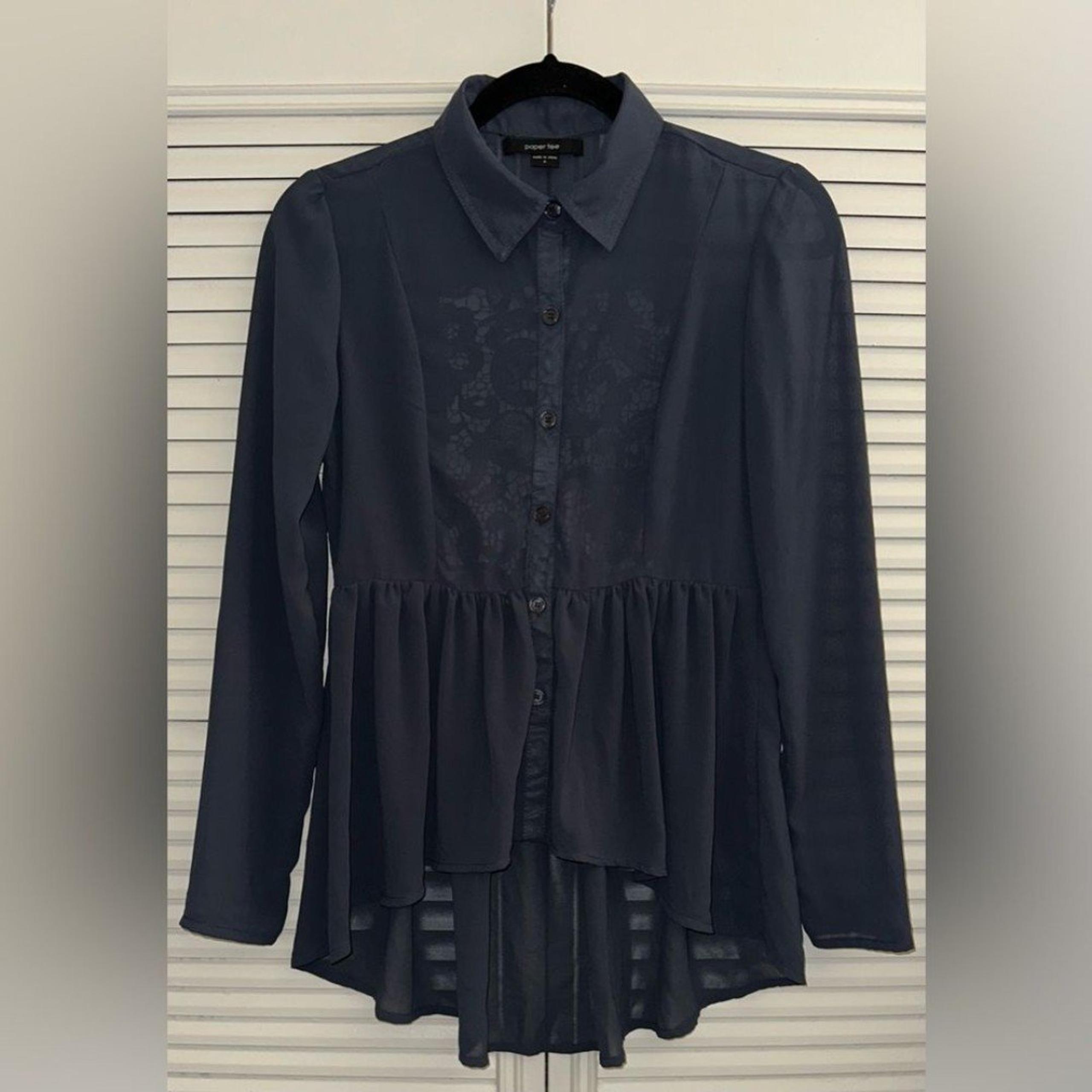 Paper Tee Women’s Sheer Embroidered Back Peplum Style Button Up Top Size S