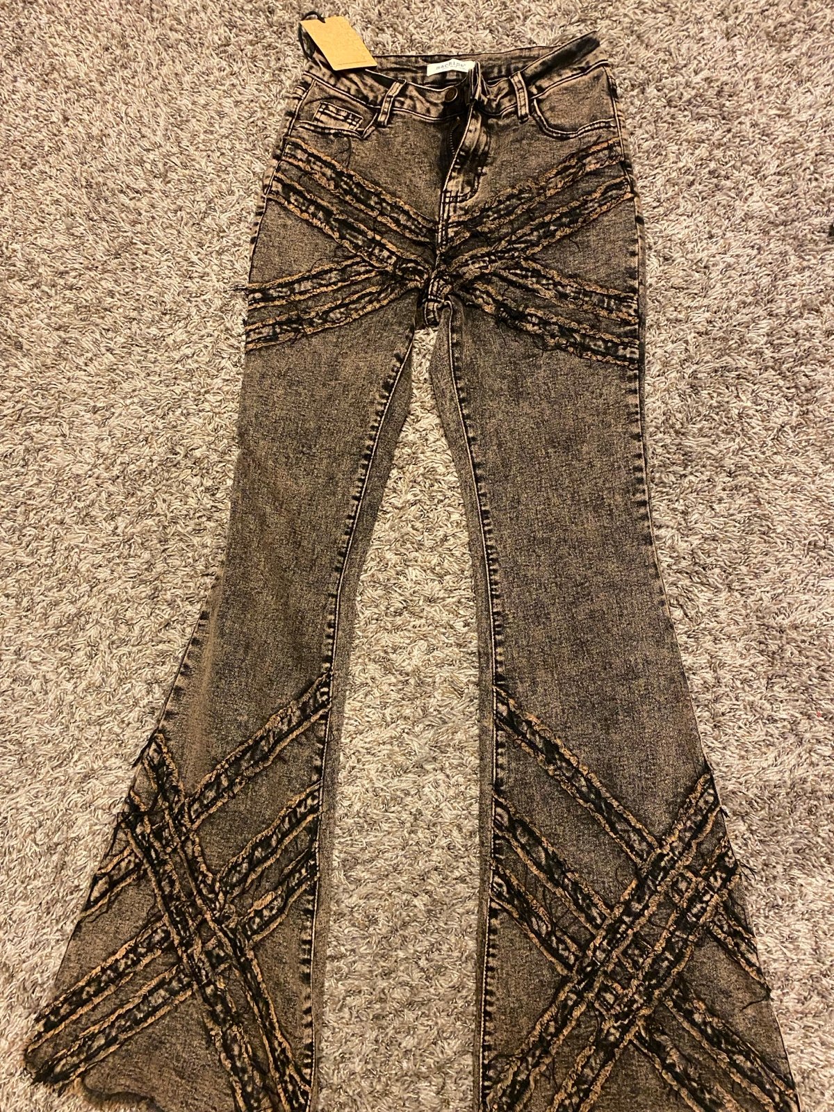 My personality flared denim grunge machine gun brown wash criss cross jeans