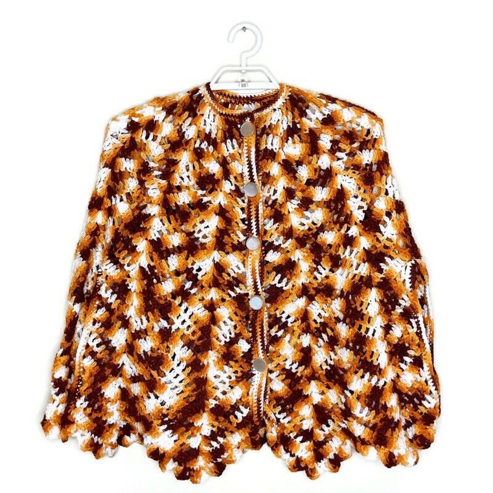 Vtg Women’s Handmade Orange Brown Afghan Crochet Poncho Shawl Cape 70s
