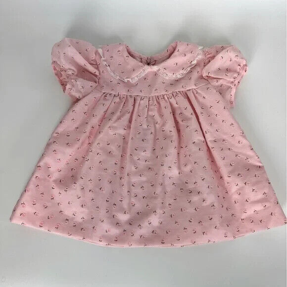 Vintage 18-24M Pink Dress with Embroidered Flowers and Peter Pan Lace Collar