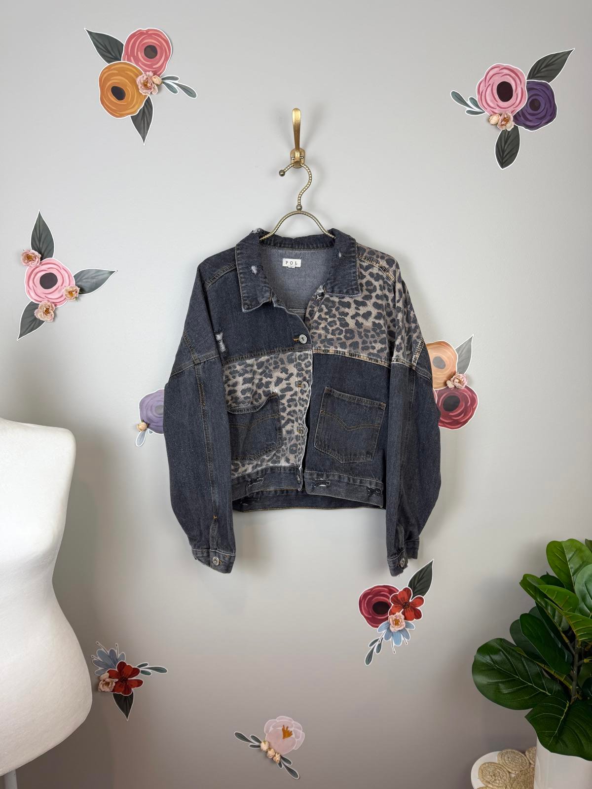 POL Leopard Print Denim Jacket - Size - Large