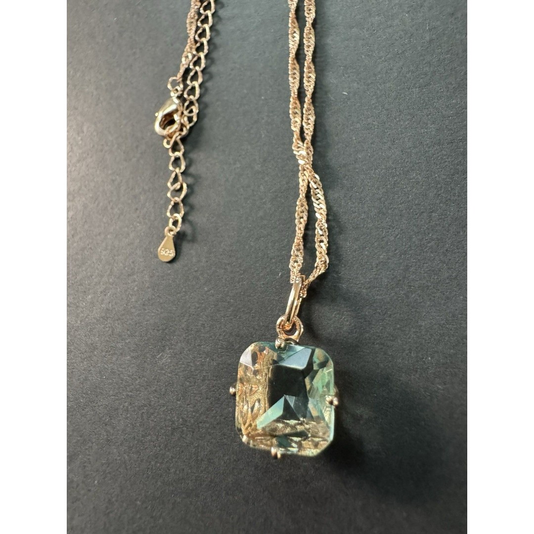 585 14K RG Stamped Green Mermaid Topaz Square Pendant 19” Necklace Clasp Chain