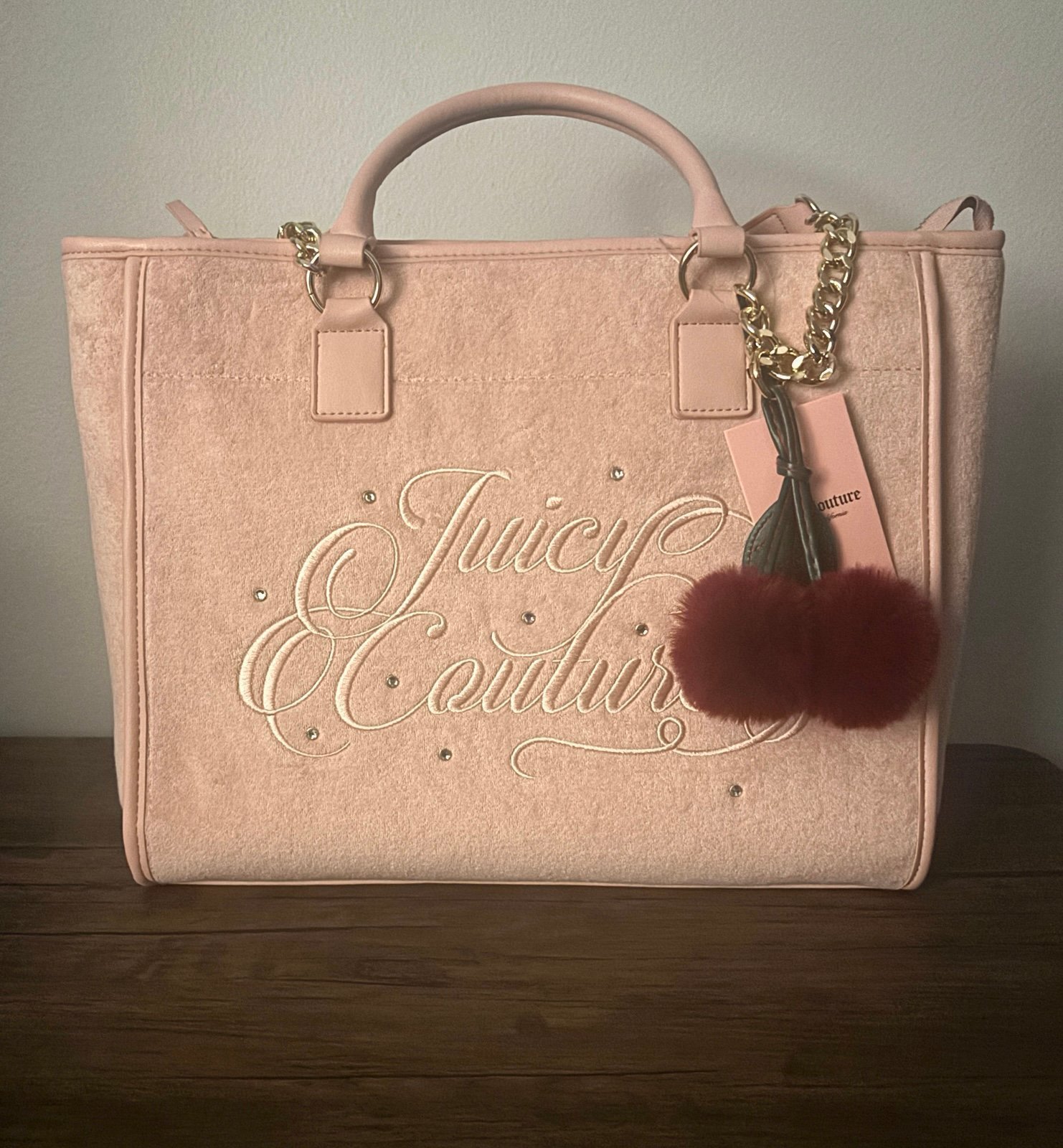 Juicy Couture Beach Tote Pink Diamond Terry Embroidered w Gold Accents NEW