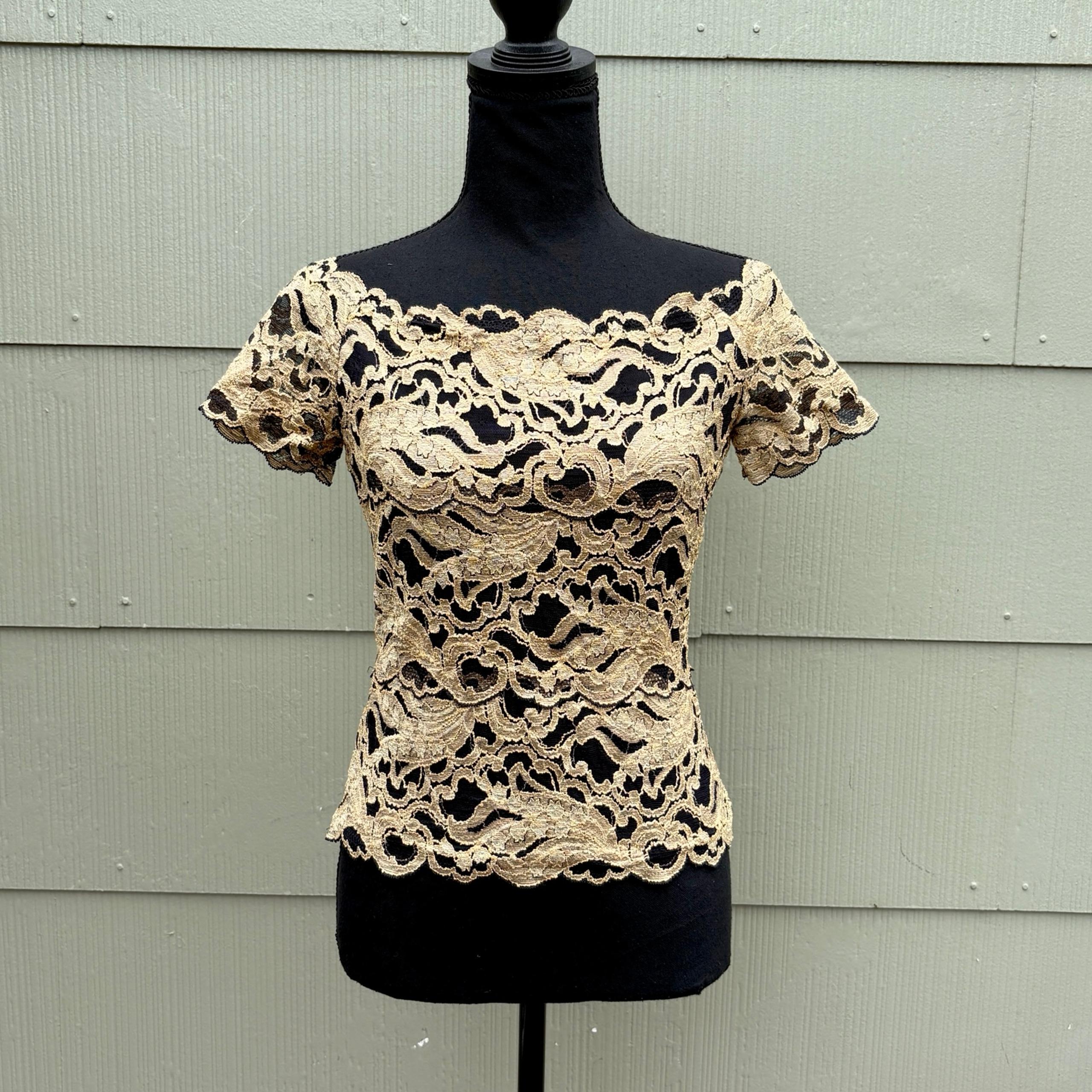 vtg CACHE 80s 90s Whimsigoth Club Rave Black Gold Off Shoulder Lace Stretchy Top