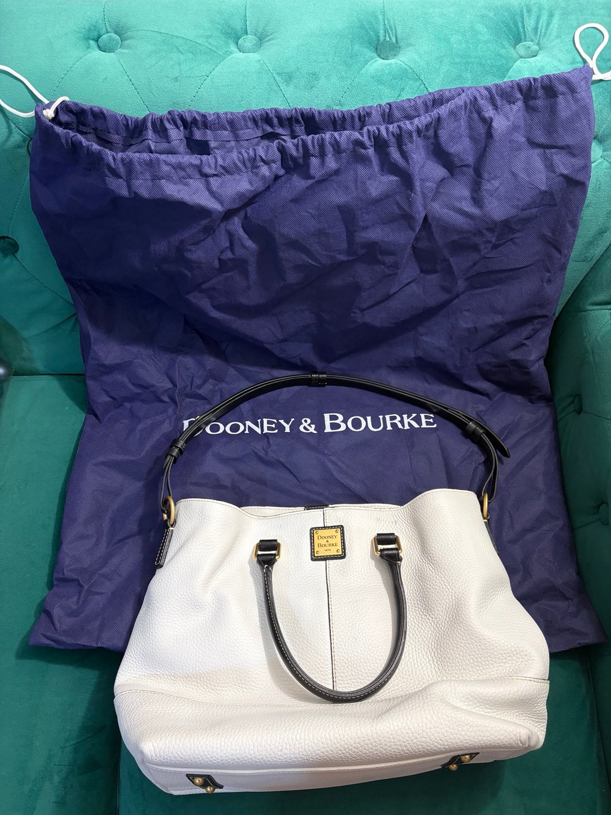 Dooney & Bourke Winter White Satchel with Black Straps and Red Interior