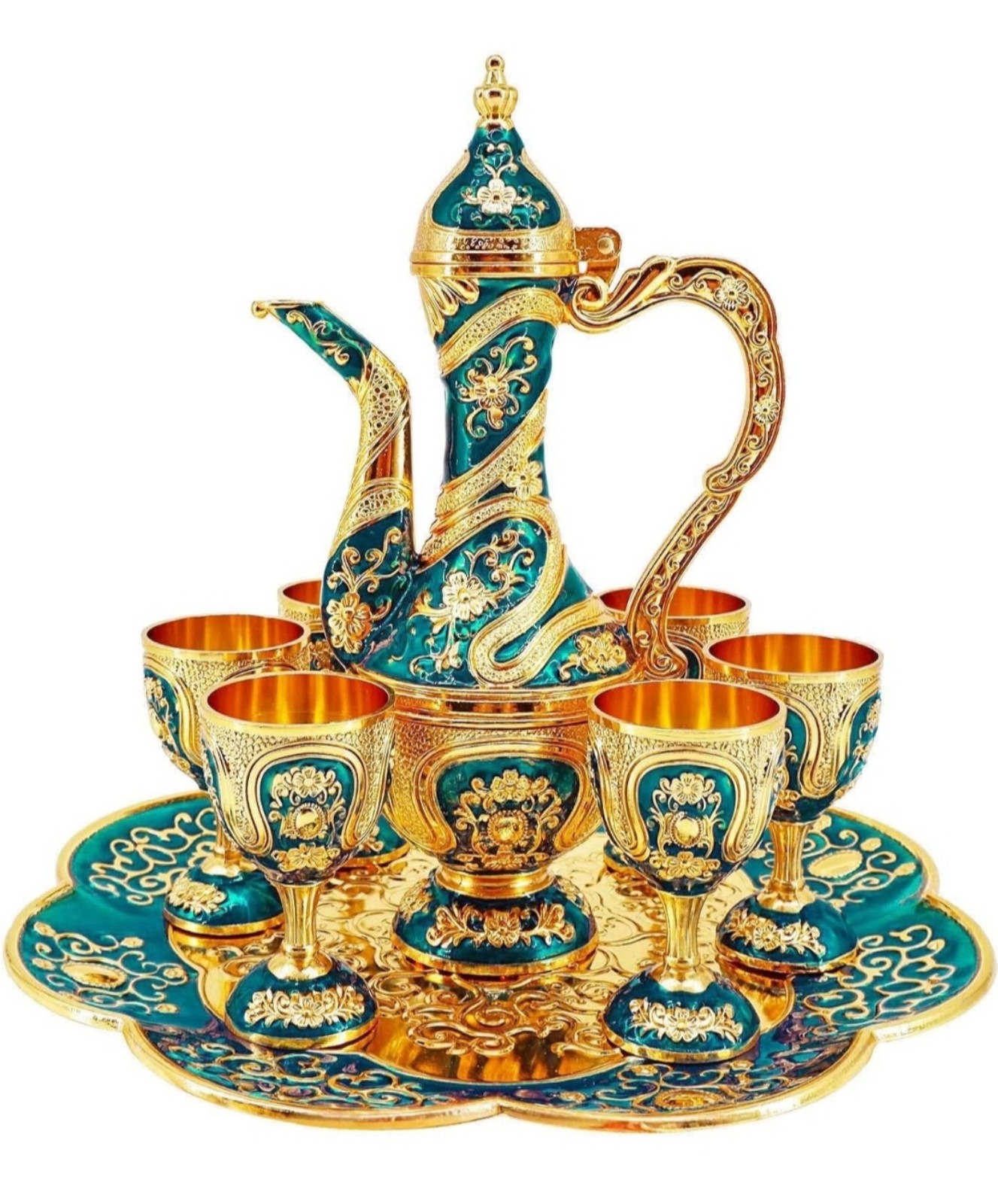 Igtazy Vintage Turkish Coffee Pot and Cups Set Gold & Blue